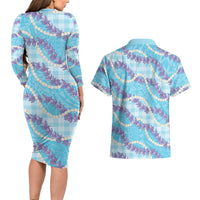Blue Hawaii Palaka Honohono Pikake Couples Matching Long Sleeve Bodycon Dress and Hawaiian Shirt Hawaiian Orchid Lei Polynesian Pattern - Polynesian Pride