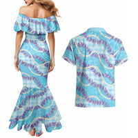 Blue Hawaii Palaka Honohono Pikake Couples Matching Mermaid Dress and Hawaiian Shirt Hawaiian Orchid Lei Polynesian Pattern - Polynesian Pride