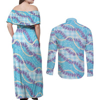 Blue Hawaii Palaka Honohono Pikake Couples Matching Off Shoulder Maxi Dress and Long Sleeve Button Shirt Hawaiian Orchid Lei Polynesian Pattern - Polynesian Pride