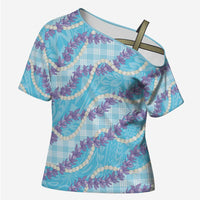 Blue Hawaii Palaka Honohono Pikake Cross Shoulder Shirt Hawaiian Orchid Lei Polynesian Pattern - Polynesian Pride