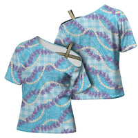 Blue Hawaii Palaka Honohono Pikake Cross Shoulder Shirt Hawaiian Orchid Lei Polynesian Pattern - Polynesian Pride