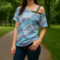 Blue Hawaii Palaka Honohono Pikake Cross Shoulder Shirt Hawaiian Orchid Lei Polynesian Pattern - Polynesian Pride