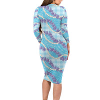 Blue Hawaii Palaka Honohono Pikake Family Matching Long Sleeve Bodycon Dress and Hawaiian Shirt Hawaiian Orchid Lei Polynesian Pattern - Polynesian Pride