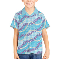 Blue Hawaii Palaka Honohono Pikake Family Matching Off The Shoulder Long Sleeve Dress and Hawaiian Shirt Hawaiian Orchid Lei Polynesian Pattern - Polynesian Pride