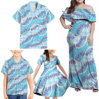 Blue Hawaii Palaka Honohono Pikake Family Matching Off Shoulder Maxi Dress and Hawaiian Shirt Hawaiian Orchid Lei Polynesian Pattern - Polynesian Pride