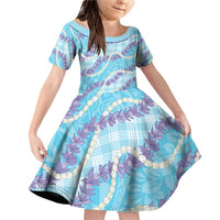 Blue Hawaii Palaka Honohono Pikake Family Matching Off Shoulder Short Dress and Hawaiian Shirt Hawaiian Orchid Lei Polynesian Pattern LT14 Daughter's Dress Blue - Polynesian Pride