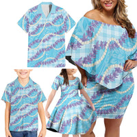 Blue Hawaii Palaka Honohono Pikake Family Matching Off Shoulder Short Dress and Hawaiian Shirt Hawaiian Orchid Lei Polynesian Pattern LT14 - Polynesian Pride