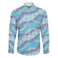Blue Hawaii Palaka Honohono Pikake Family Matching Off Shoulder Short Dress and Hawaiian Shirt Hawaiian Orchid Lei Polynesian Pattern LT14 Dad's Shirt - Long Sleeve Blue - Polynesian Pride