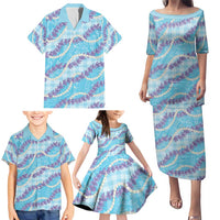 Blue Hawaii Palaka Honohono Pikake Family Matching Puletasi and Hawaiian Shirt Hawaiian Orchid Lei Polynesian Pattern - Polynesian Pride