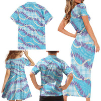 Blue Hawaii Palaka Honohono Pikake Family Matching Short Sleeve Bodycon Dress and Hawaiian Shirt Hawaiian Orchid Lei Polynesian Pattern - Polynesian Pride