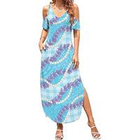 Blue Hawaii Palaka Honohono Pikake Family Matching Summer Maxi Dress and Hawaiian Shirt Hawaiian Orchid Lei Polynesian Pattern - Polynesian Pride