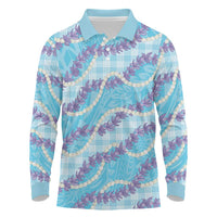 Blue Hawaii Palaka Honohono Pikake Long Sleeve Polo Shirt Hawaiian Orchid Lei Polynesian Pattern - Polynesian Pride