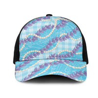 Blue Hawaii Palaka Honohono Pikake Mesh Trucker Cap Hawaiian Orchid Lei Polynesian Pattern - Polynesian Pride