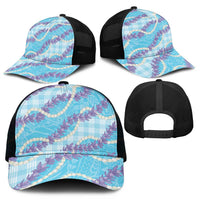 Blue Hawaii Palaka Honohono Pikake Mesh Trucker Cap Hawaiian Orchid Lei Polynesian Pattern - Polynesian Pride
