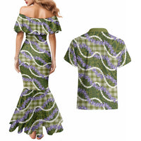 Green Hawaii Palaka Honohono Pikake Couples Matching Mermaid Dress and Hawaiian Shirt Hawaiian Orchid Lei Polynesian Pattern - Polynesian Pride