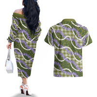 Green Hawaii Palaka Honohono Pikake Couples Matching Off The Shoulder Long Sleeve Dress and Hawaiian Shirt Hawaiian Orchid Lei Polynesian Pattern - Polynesian Pride