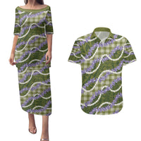Green Hawaii Palaka Honohono Pikake Couples Matching Puletasi and Hawaiian Shirt Hawaiian Orchid Lei Polynesian Pattern - Polynesian Pride