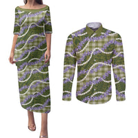 Green Hawaii Palaka Honohono Pikake Couples Matching Puletasi and Long Sleeve Button Shirt Hawaiian Orchid Lei Polynesian Pattern LT14 Green - Polynesian Pride