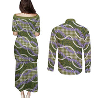 Green Hawaii Palaka Honohono Pikake Couples Matching Puletasi and Long Sleeve Button Shirt Hawaiian Orchid Lei Polynesian Pattern LT14 - Polynesian Pride