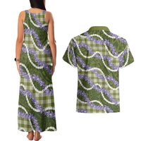 Green Hawaii Palaka Honohono Pikake Couples Matching Tank Maxi Dress and Hawaiian Shirt Hawaiian Orchid Lei Polynesian Pattern - Polynesian Pride