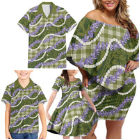 Green Hawaii Palaka Honohono Pikake Family Matching Off Shoulder Short Dress and Hawaiian Shirt Hawaiian Orchid Lei Polynesian Pattern LT14 - Polynesian Pride