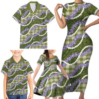 Green Hawaii Palaka Honohono Pikake Family Matching Short Sleeve Bodycon Dress and Hawaiian Shirt Hawaiian Orchid Lei Polynesian Pattern - Polynesian Pride