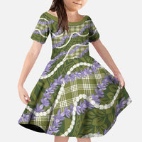 Green Hawaii Palaka Honohono Pikake Kid Short Sleeve Dress Hawaiian Orchid Lei Polynesian Pattern - Polynesian Pride