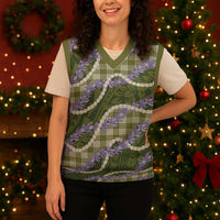 Green Hawaii Palaka Honohono Pikake Christmas Knitted V-Neck Vest Hawaiian Orchid Lei Polynesian Pattern - Polynesian Pride