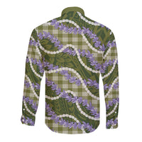 Green Hawaii Palaka Honohono Pikake Long Sleeve Button Shirt Hawaiian Orchid Lei Polynesian Pattern - Polynesian Pride