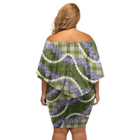 Green Hawaii Palaka Honohono Pikake Off Shoulder Short Dress Hawaiian Orchid Lei Polynesian Pattern - Polynesian Pride