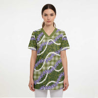 Green Hawaii Palaka Honohono Pikake Scrub Top Hawaiian Orchid Lei Polynesian Pattern - Polynesian Pride