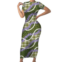 Green Hawaii Palaka Honohono Pikake Short Sleeve Bodycon Dress Hawaiian Orchid Lei Polynesian Pattern LT14 Long Dress Green - Polynesian Pride