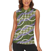 Green Hawaii Palaka Honohono Pikake Women Sleeveless Polo Shirt Hawaiian Orchid Lei Polynesian Pattern - Polynesian Pride