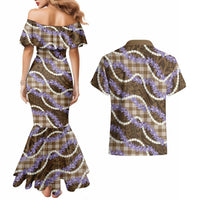 Brown Hawaii Palaka Honohono Pikake Couples Matching Mermaid Dress and Hawaiian Shirt Hawaiian Orchid Lei Polynesian Pattern - Polynesian Pride