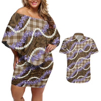 Brown Hawaii Palaka Honohono Pikake Couples Matching Off Shoulder Short Dress and Hawaiian Shirt Hawaiian Orchid Lei Polynesian Pattern - Polynesian Pride