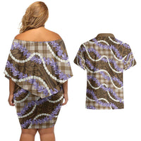 Brown Hawaii Palaka Honohono Pikake Couples Matching Off Shoulder Short Dress and Hawaiian Shirt Hawaiian Orchid Lei Polynesian Pattern - Polynesian Pride