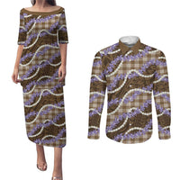 Brown Hawaii Palaka Honohono Pikake Couples Matching Puletasi and Long Sleeve Button Shirt Hawaiian Orchid Lei Polynesian Pattern LT14 Brown - Polynesian Pride