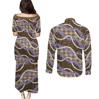 Brown Hawaii Palaka Honohono Pikake Couples Matching Puletasi and Long Sleeve Button Shirt Hawaiian Orchid Lei Polynesian Pattern LT14 - Polynesian Pride