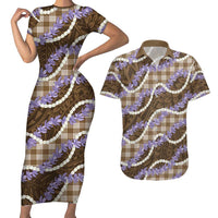 Brown Hawaii Palaka Honohono Pikake Couples Matching Short Sleeve Bodycon Dress and Hawaiian Shirt Hawaiian Orchid Lei Polynesian Pattern - Polynesian Pride