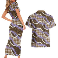 Brown Hawaii Palaka Honohono Pikake Couples Matching Short Sleeve Bodycon Dress and Hawaiian Shirt Hawaiian Orchid Lei Polynesian Pattern - Polynesian Pride