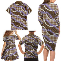 Brown Hawaii Palaka Honohono Pikake Family Matching Long Sleeve Bodycon Dress and Hawaiian Shirt Hawaiian Orchid Lei Polynesian Pattern - Polynesian Pride