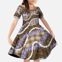 Brown Hawaii Palaka Honohono Pikake Family Matching Off The Shoulder Long Sleeve Dress and Hawaiian Shirt Hawaiian Orchid Lei Polynesian Pattern - Polynesian Pride