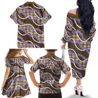 Brown Hawaii Palaka Honohono Pikake Family Matching Off The Shoulder Long Sleeve Dress and Hawaiian Shirt Hawaiian Orchid Lei Polynesian Pattern - Polynesian Pride