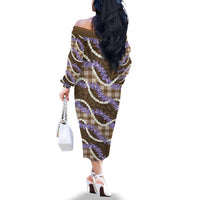 Brown Hawaii Palaka Honohono Pikake Family Matching Off The Shoulder Long Sleeve Dress and Hawaiian Shirt Hawaiian Orchid Lei Polynesian Pattern - Polynesian Pride