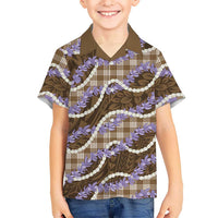Brown Hawaii Palaka Honohono Pikake Family Matching Off The Shoulder Long Sleeve Dress and Hawaiian Shirt Hawaiian Orchid Lei Polynesian Pattern - Polynesian Pride
