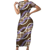 Brown Hawaii Palaka Honohono Pikake Short Sleeve Bodycon Dress Hawaiian Orchid Lei Polynesian Pattern - Polynesian Pride
