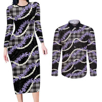 Black Hawaii Palaka Honohono Pikake Couples Matching Long Sleeve Bodycon Dress and Long Sleeve Button Shirt Hawaiian Orchid Lei Polynesian Pattern - Polynesian Pride