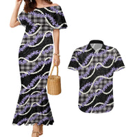 Black Hawaii Palaka Honohono Pikake Couples Matching Mermaid Dress and Hawaiian Shirt Hawaiian Orchid Lei Polynesian Pattern - Polynesian Pride