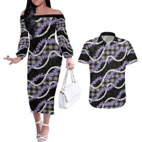 Black Hawaii Palaka Honohono Pikake Couples Matching Off The Shoulder Long Sleeve Dress and Hawaiian Shirt Hawaiian Orchid Lei Polynesian Pattern LT14 Black - Polynesian Pride
