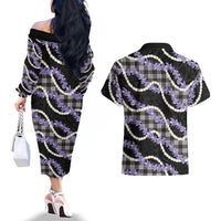 Black Hawaii Palaka Honohono Pikake Couples Matching Off The Shoulder Long Sleeve Dress and Hawaiian Shirt Hawaiian Orchid Lei Polynesian Pattern LT14 - Polynesian Pride